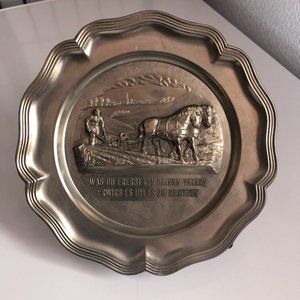 Vintage Pewter German Wall Plaque Plate, Scene: Farmer plowing field, 2 horses.
